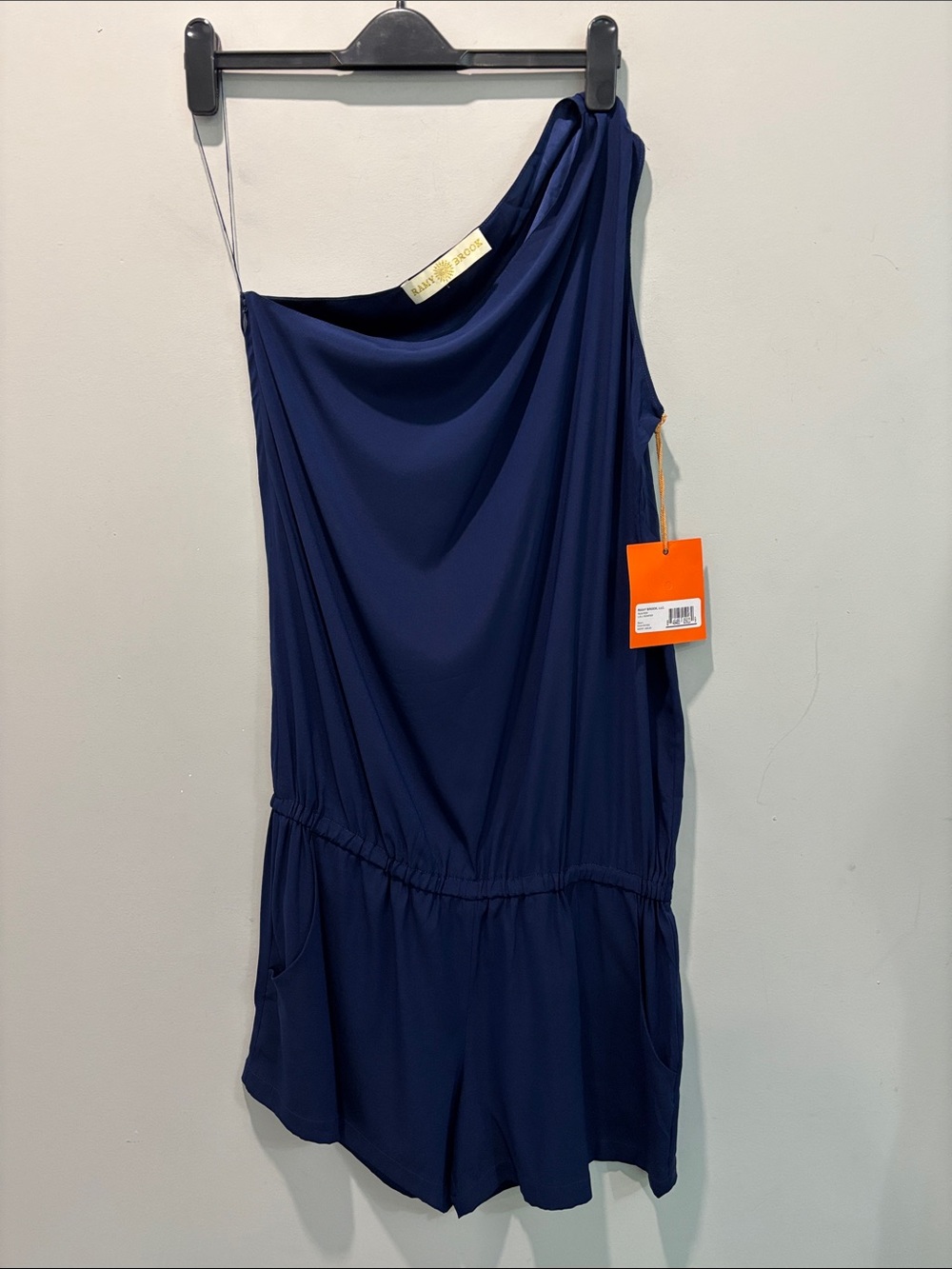 Ramy Brook Navy Silk One-Shoulder Romper NWT Size L Asymmetrical Draped Chic - Picture 4 of 14